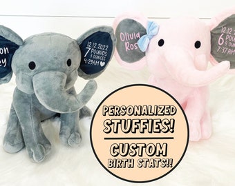 Personalized Stuffed Elephant, Stuffed Animal Gift, Baby Shower Gift, Newborn Gift, New Baby Gift, Birth Announcement, Welcome Home Gift