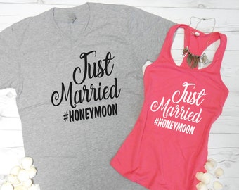 Just Married Honeymoon Shirts. Bride and Groom Shirts. Bride Tank. Groom Tee. Just Married Couples Shirts. Bride and Groom Gift Set.