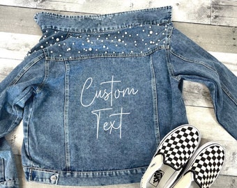 Custom Pearl Jean Jacket, Personalized Jean Jackets, Bridesmaid Jackets, Jean Bachelorette Jackets, Bachelorette Jackets, Bach Denim Jackets