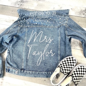 Mrs Pearl Jean Jacket, Bride Jean Jacket, Mrs Denim Jacket, Personalized Jean Jacket, Bride Jacket, Bridal gift, bridal jean jacket pearls image 1