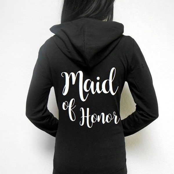 Maid-of-Honor-Hoodie. Maid of Honor Zip Up Hoodie, Maid of Honor Jacket. Maid of Honor Gift. Black White Charcoal Grey Maid of Honor.