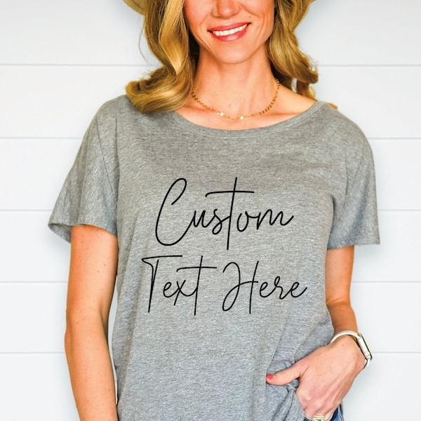 Custom Flowy shirts, Custom Wide Neck Shirts, Off Shoulder Shirt, Dolman Style Slouchy Shirts, Personalized T-Shirt for Her, Gift for Her