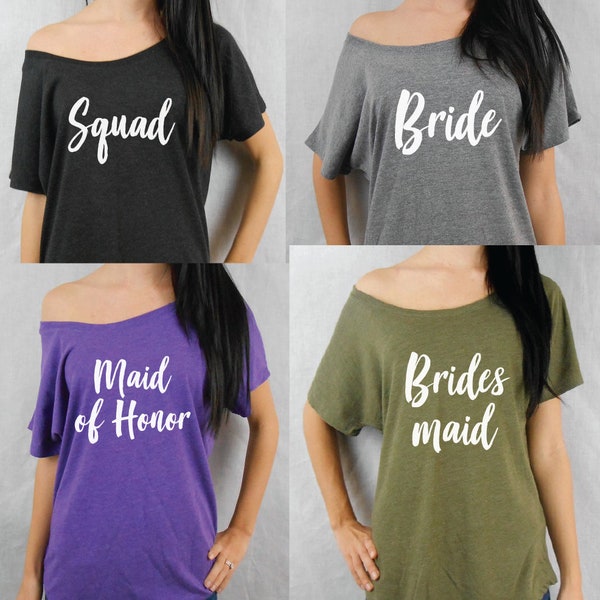 Slouchy off the shoulder Bridesmaid t-shirt. XS-3XL. Bridesmaid flowy tees. Bridesmaid t-shirt. Brides Entourage Flowy Shirts.