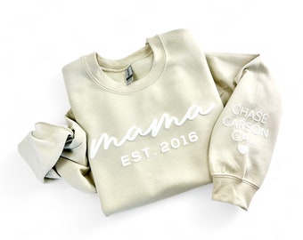 Personalized Mama Est Sweatshirt with Kid Names on Sleeve, Mothers Day Gift, Birthday Gift for Mom, New Mom Gift, Mama Sweatshirt Gift Idea