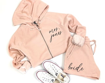 Bride Matching Set, Bridal Gift Set, Mrs. Sweatshirt, Mrs Zip Up, Bride Joggers, Choose Shorts or Joggers, Zip-up or Sweatshirt for Bride