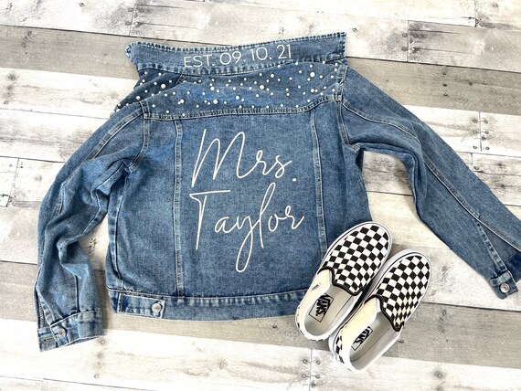 Mrs Last Name Pearl Jean Jacket Bride 