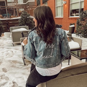 Mrs Pearl Jean Jacket, Bride Jean Jacket, Mrs Denim Jacket, Personalized Jean Jacket, Bride Jacket, Bridal gift, bridal jean jacket pearls image 2