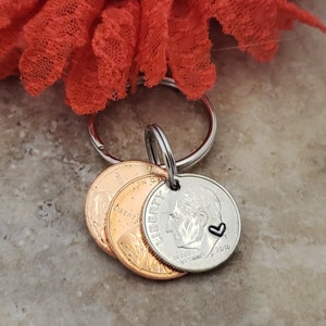 12th anniversary keychain, 12th anniversary gift for men,  husband, handstamped dime and 2 pennies, heart stamp, 12 year wedding anniversary