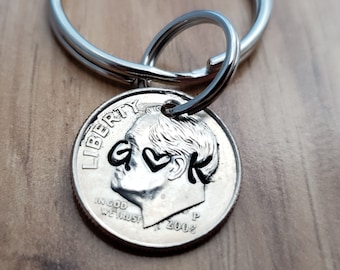 Personalized 10 year anniversary for men, dime keychain, initial keychain,  gift for husband, handstamped 10th anniversary gift