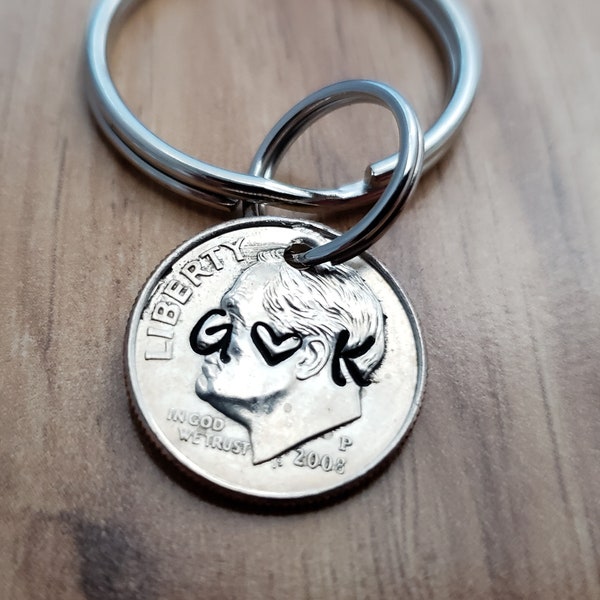 Personalized 10 year anniversary for men, dime keychain, initial keychain,  gift for husband, handstamped 10th anniversary gift