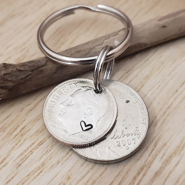 15 Year Anniversary Keychain. 15th Anniversary Gifts for Men. 2007 Wedding Anniversary. Hand Stamped Dime/nickel. Simple heart Gift for Her