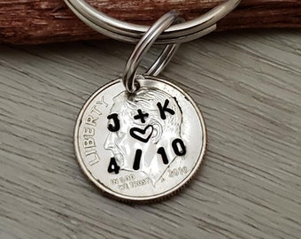 10 Year Anniversary Keychain, 2013 2014  Hand stamped Dime, 10th Anniversary Gifts for Men, Hisband Gift, 10 Year Anniversary Gift for Her
