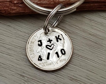 Hand Stamped Dime Keychain, 10 Year Anniversary Gift