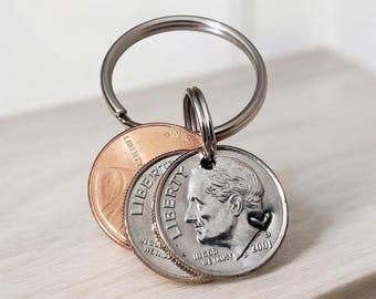 21st Birthday Penny Keychain • Lucky Coin Hand Stamped Heart • Personalized 2004 or 2005 Birthday Keepsake • Milestone Gift for Him or Her