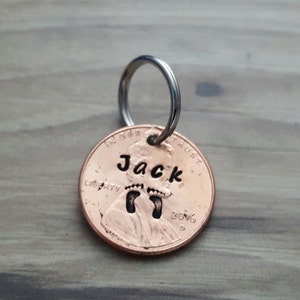 Personalized name penny pendant keychain gift for mom. Custom baby name with footprint gift. New mom/dad gift idea. Hand stamped gifts