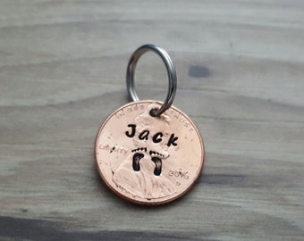 Personalized name penny pendant keychain gift for mom. Custom baby name with footprint gift. New mom/dad gift idea. Hand stamped gifts