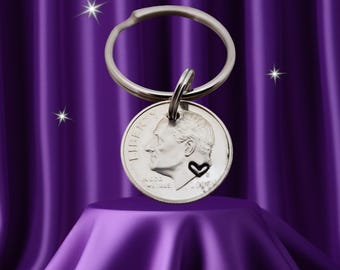 10th Anniversary Dime Keychain • Personalized Heart Stamp Keepsake. Husband gift