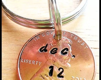PENNY ANNIVERSARY CUSTOM handstamped keychain, 1, 5, 7 year anniversary, wedding gift, couples gift, wedding date, custom date penny