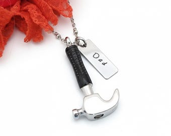 Personalized Hammer Urn Necklace, Stainless Steel Memorial Ashes Keepsake. Loss of Father