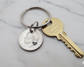Hand Stamped Heart Dime Keychain, 10 Year Anniversary Gift for Him or Her