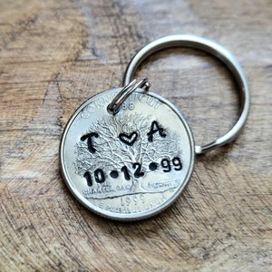 personalized 25th anniversary keychain, anniversary for men, gift for husband or wife, 25 year anniversary, quarter jewelry, initials, date