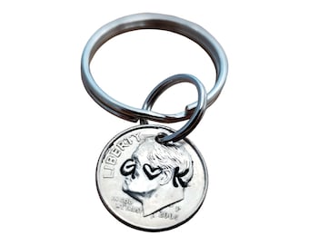 Personalized Dime Keychain, 10 Year Anniversary Gift, Initial Keychain