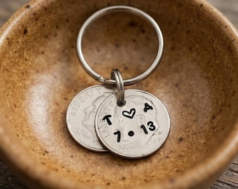 Personalized Keychain, 20th Anniversary Keepsake, Couples Gift. Custom initial and date.