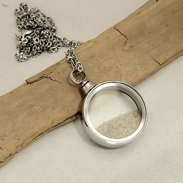 Round Cremation Locket Necklace. Jewelry for sand or ashes.  Hair necklace Memorial. Clear Fillable Memorial Jewelry Keepsake. Loss of dad.