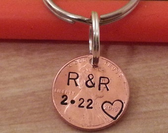 Personalized 7 Year Anniversary Keychain, Stamped Penny, husband Gift, Couples Gift, 1st Anniversary, Gift for Him/Her, Anniversary
