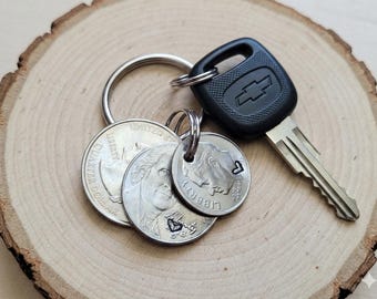 40th Anniversary Gift for husband.  Coin collector's birthday Gift. Heart Stamped Coin keychain, 40th Birthday Keepsake gifts. 40th bday.
