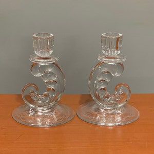 Pair Of Crystal Candlesticks  Fostoria Romance Etched Pattern 6&quot; Circa 1950s Art Deco Ornate Near Mint