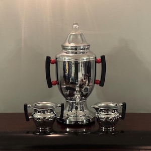 コーヒーパーコレーターポットセット アールデコ クローム ファーバーウェア ヴィンテージ 1930年代 壺型 クリーマー シュガー付き 動作確認済み No.110