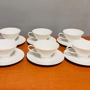 Coffee Cups & Saucers Set Of 6 Rosenthal Classic Modern White 1950s Vintage Teacups Porcelain Mid-Century Raymond Loewy Form 2000 Germany