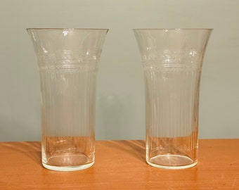 Tumbler Glasses Pair Of Art Deco 11 Oz Etched Crystal Geometric Ribbed Motif Depression 1920s Vintage 1930s Elegant Cocktail