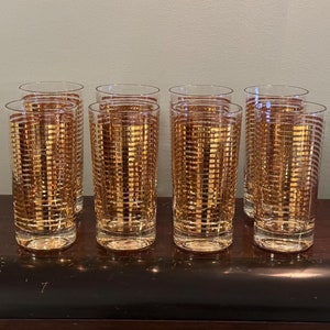 Highball Whiskey Cocktail Tumbler Glasses Set Of 8 Gold Striped Design 12 Oz 1950s Vintage 1960s Retro