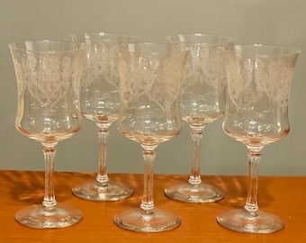 Wine Glasses Set Of 5 Art Deco Floral Urn Design Motif 10 Oz Etched Crystal 7 1/2" Circa 1950s Vintage Water Goblets