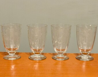 Footed Tumbler Glasses Set Of 4 Art Deco Oz Etched Crystal Floral & Vine Optical Design Motif Depression Style 1940s Vintage 1950s Cocktail