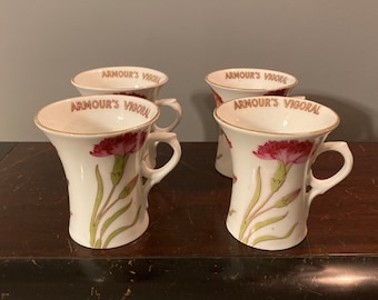 Armour's Vigoral Antique Set Of 4 Advertising Soda Fountain Teacups Circa 1900 German Porcelain Pink Carnations Beef Tea Cups C Tielsch & Co