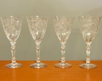 Wine Glasses Set Of 4 Art Deco Style Fostoria Greenbriar Pattern 8 Oz Chintz Design Etched Crystal 7 3/4" 1940s Vintage 1950s Water Goblets