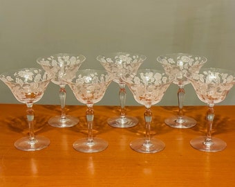 Martini Champagne Cocktail Glasses Set Of 7 Art Deco Era Morgantown Cathay Pattern 7 Oz Peacock Motif Etched Crystal 5 3/4" 1930s Vintage