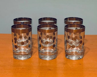 Cordial Cocktail Glasses Or Shooters 1950s Vintage 1960s Set Of 6 Silver Rimmed Polka Dot Mid-Century Retro 6 Oz Rim