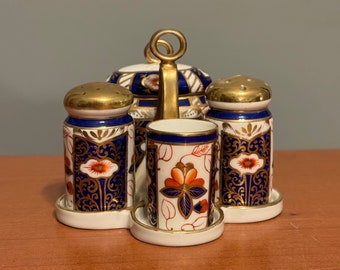 Condiment Set Vintage Japanese Porcelain Imari Style Salt Pepper Shakers Relish Toothpick Holder Handpainted