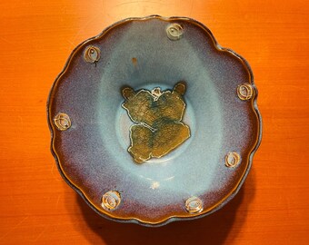 Art Pottery Centerpiece Or Fruit Bowl Fish Motif Speckled Blue & Brown With Crystalline Bottom Vintage Footed Modernist