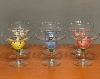 Margarita Glasses Set Of 6 Handpainted Floral Design Blue Pink White Yellow 5 1/4" 1950s Vintage 1960s Mid-Century Retro