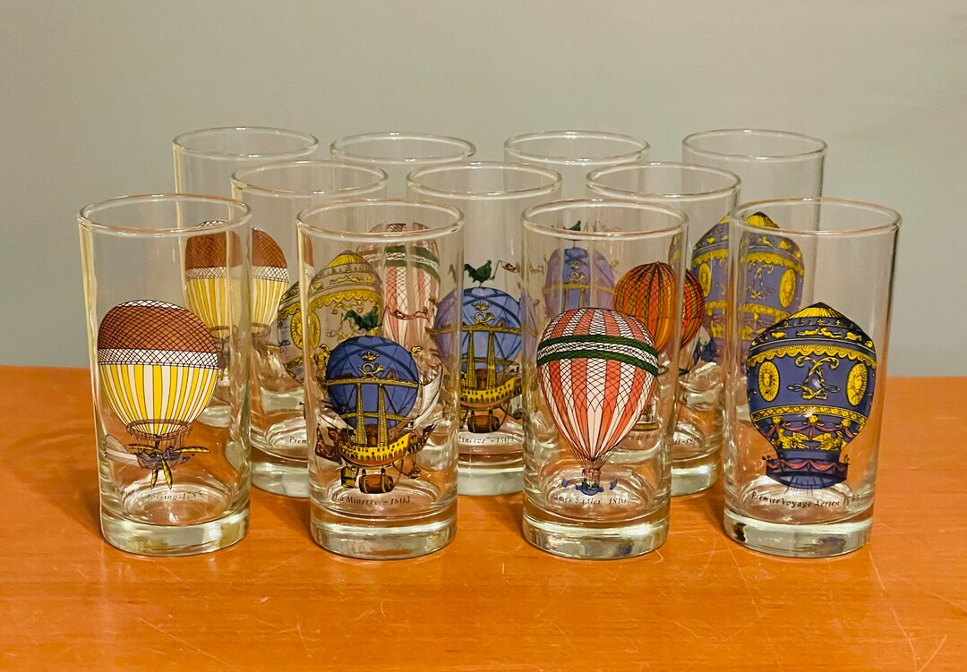 Highball Cocktail Glasses Historic Hot Air Balloon Set of 11 Color