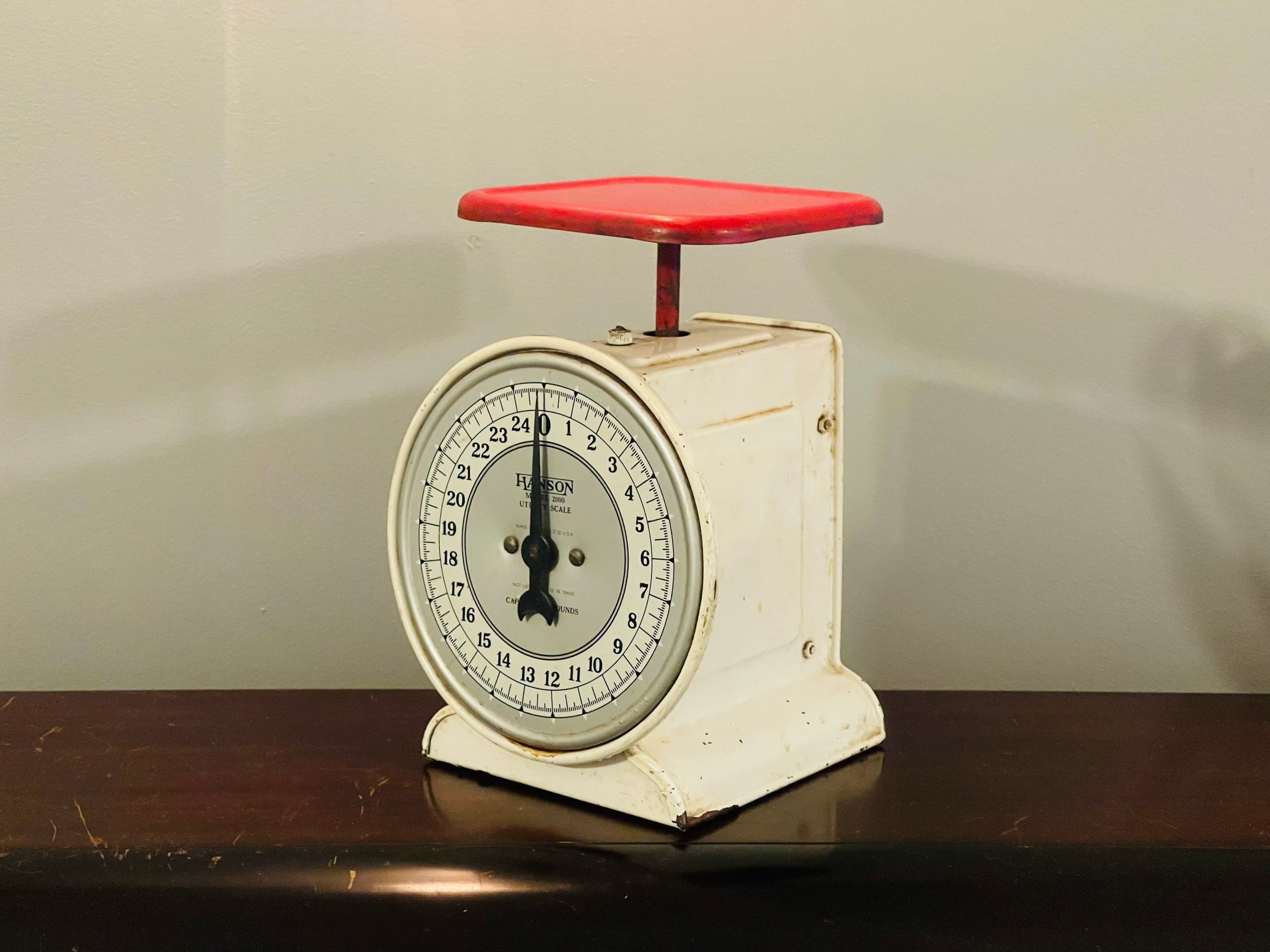 Vintage Red Kitchen Scales Isolated On White Background Clipping