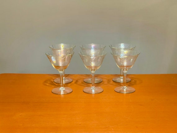 Champagne Glasses Goblets Set Of 6 1930s Vintage 1940s 5 Oz Stemware Iridized Rippled Design Depression Glass