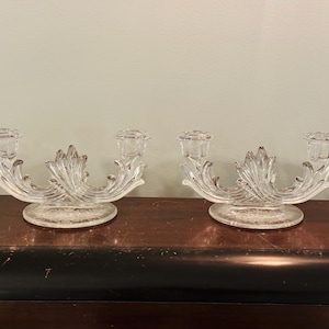 Pair Of Double Candlesticks Fostoria Depression Glass Meadow Rose Pattern Circa 1950s Vintage Baroque Shape Art Deco
