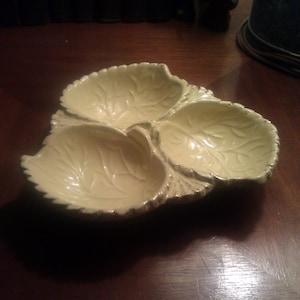 California Pottery Divided Dish 1950s Vintage 1960s  Classic Mid-Century California Original Pottery Yellow Leaf Design Gold Speckled