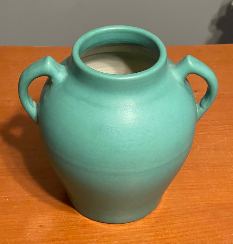 Art Pottery Vase Pfaltzgraff 1920s Vtg 1930s 8 1/2 Dark Green Turquoise